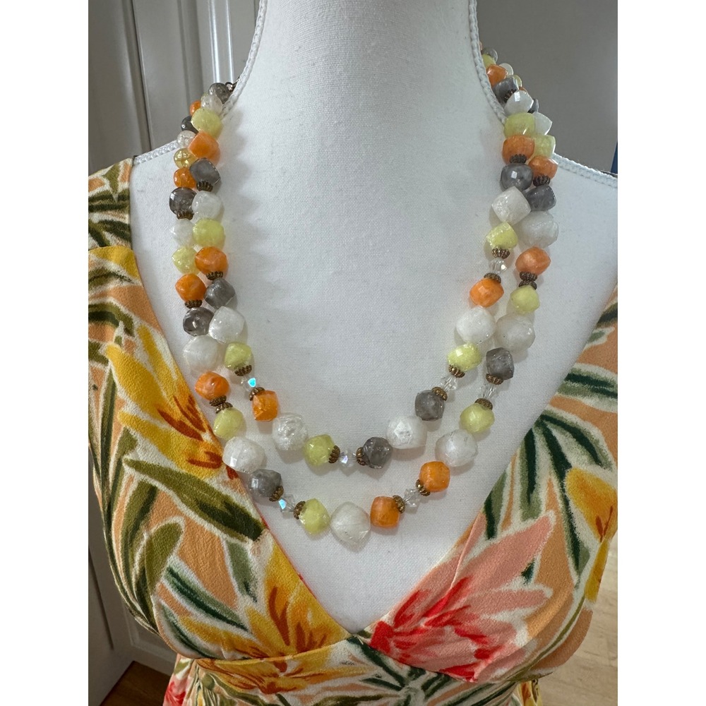 Vintage Faceted Cube Bead Necklace Two Strand Colorful Statement Jewelry 1950's
